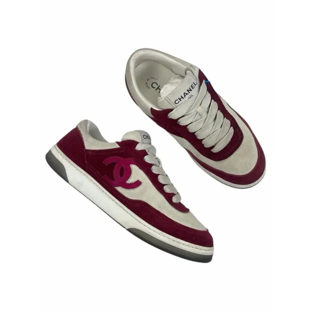 Chanel CC Logo Suede Kidskin Lace Up Sneakers Burgundy 2023 Size 36.5 - Picture 3 of 14